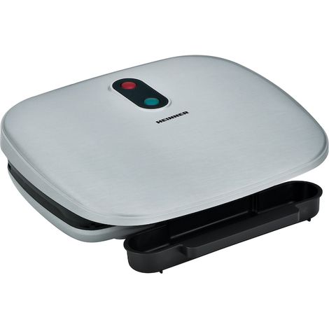 Gril électrique AriaGrill HEG-F1000SL, 1000 W plaques fixes en fonte 27 x 23 cm, revêtement antiadhésif, poignée isolante, témoin lumineux, bac récupérateur de graisse, argent (1/5)