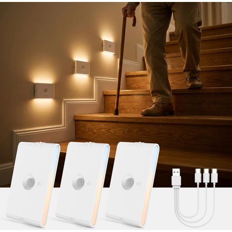 Veilleuse Detecteur de Mouvement Lampe LED Rechargeable USB Lot de 3 3 Modes AUTO ON/OFF Eclairage, Réglable Blanc Chaud/Naturel/Froid Lumiere Interieur Capteur pour Couloir, Escalier, Toilette (1/5)