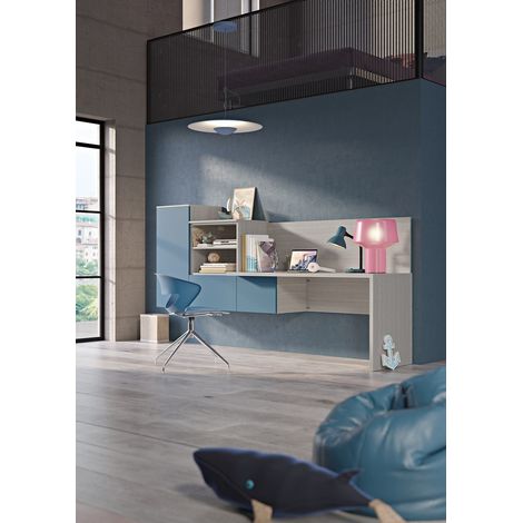 Angolo studio con scrivania parzialmente sospesa e libreria - Design moderno e personalizzabile - Bianco e Petrolio