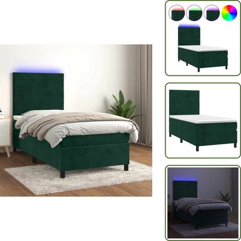 Letto in velluto - vidaXL Letto a Molle con Materasso e LED Verde Scuro 90x190 cm Velluto - Letto con testiera regolabile