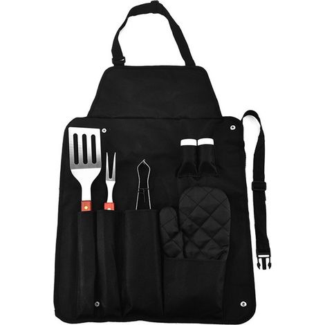 Set da barbecue da 7 pezzi, accessori per barbecue, pinze da cucina per campeggio o barbecue in giardino. Include grembiule e guanti. Accessori per griglie da esterno. Per grigliare. (1/5)