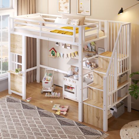 Letto a soppalco 90 x 200 cm in metallo e MDF con scala contenitore, bianco HAVRYA (1/5)