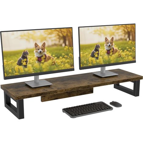 Rehausseur Ecran PC Bureau, 91x26cm, Monitor Stand, Bois rustique (1/5)