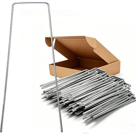 Lot de 100 piquets d'ancrage galvanisés anti-rouille - En forme de U - 150 x 35 mm - Diamètre : 2,5 mm - Pour toile anti-mauvaises herbes, filet de jardin, camping, jardinage, gazon (1/5)