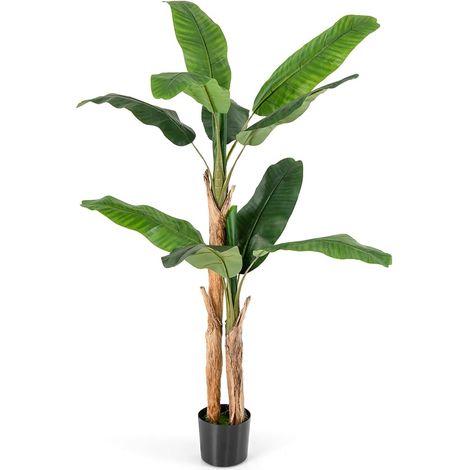 COSTWAY Albero di Banana Artificiale Alto 165/195 cm, Albero di Banana Finto con 10/27 Grandi Foglie, Steli Doppi/Triplici e Corteccia Naturale, Pianta in Vaso da Interno (165 cm) (1/5)