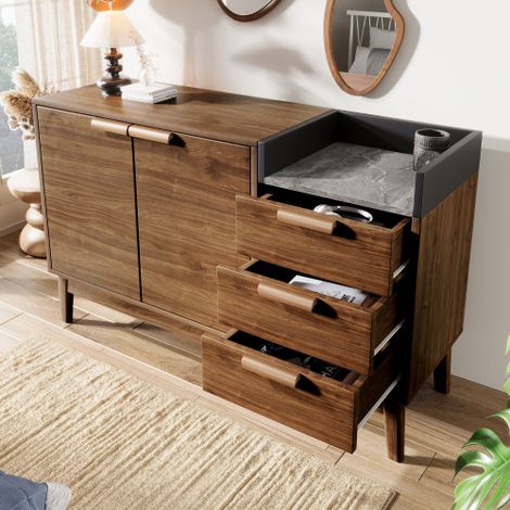 Commode de 120 cm de large avec aspect marbre, étagère ouverte, 3 tiroirs et double porte, armoire pour salon et chambre à coucher, étagère réglable en hauteur, pieds en bois massif, chêne (1/5)