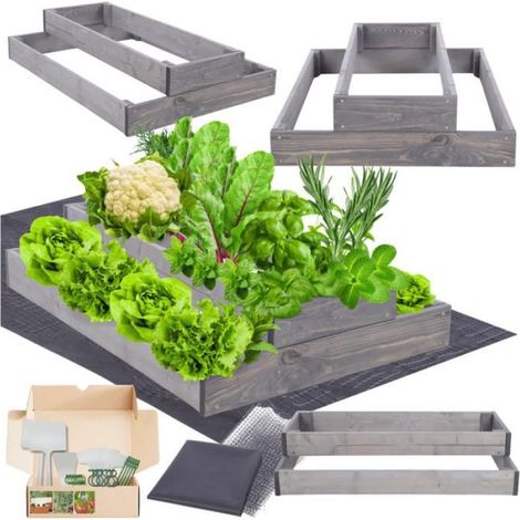 ZP09 Carré potager surélevé en escalier modulable, bois de pin, herbes/légumes, jardin/terrasse/balcon, 18x60x80 cm, gris (1/5)