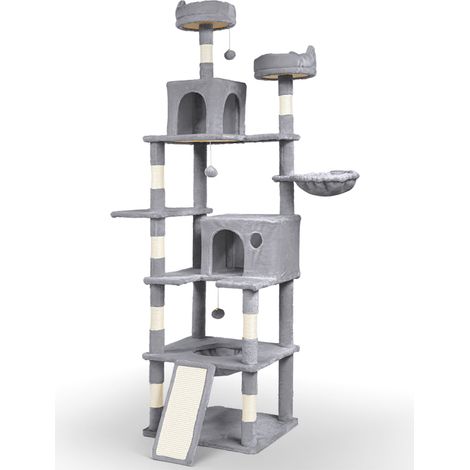 Vounot – Arbre à chat géant 215 cm – 3 plateformes, 2 niches, 9 griffoirs en sisal – Tissu doux – Base large 60x50 cm – Gris (1/5)