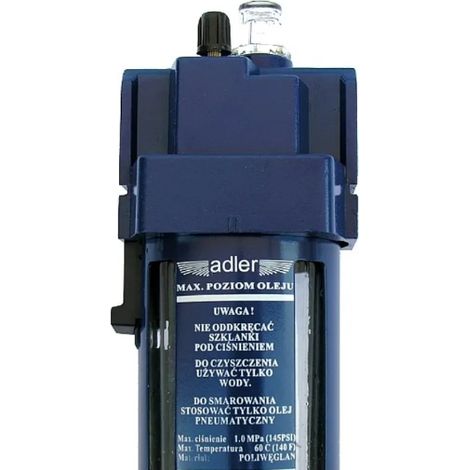 Adler Lubricador neumático 1/2" AD4005N, equipo industrial para sistemas de aire comprimido, distribución uniforme de aceite, alta resistencia, compatibilidad con conexiones estándar, color metálico.