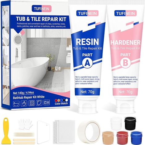 Kit Reparation Baignoire Acrylique Blanc 140g, Kit Réparation Email Baignoire, Entailles, Fissures, Rayures et Trous Kit Réparation Evier Céramique (Couleur Assortie) (1/5)
