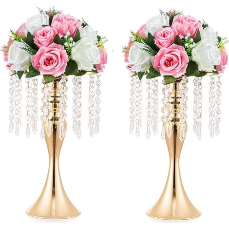 2PCS Acrylique Imitation Cristal Bougeoir Stand Or/Argent Fleur Vase Pièce maîtresse De Mariage en Plomb Route Chandelier pour la Décoration D'événement De Mariage (Or, 33cm) (1/5)