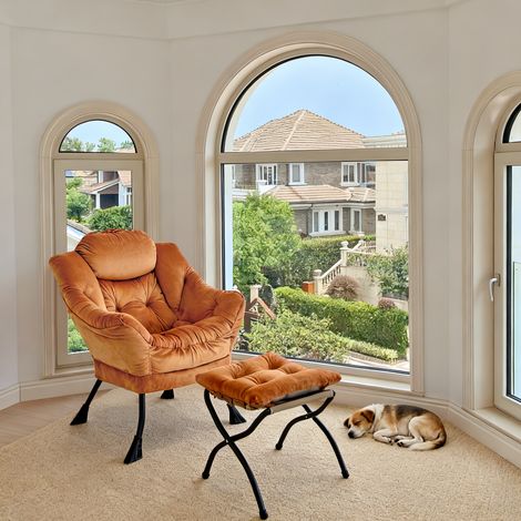 Sessel mit Hocker, Relaxsessel mit Armlehnen, Seitentasche und Fußstütze, Loungesessel, Fernsehsessel und Ohrensessel für Wohnzimmer, Schlafzimmer und Büro, Orange