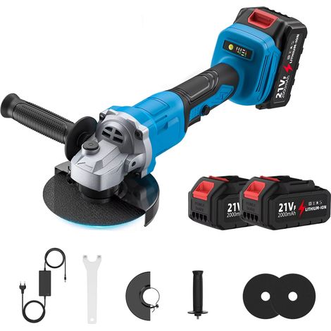 Meuleuse d'angle 125 mm brushless 21V sans fil – 3 vitesses, outil de découpe bois, compatible batterie 21V avec 2 batteries + chargeur (1/5)