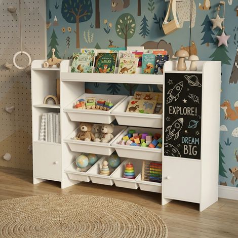 Scaffale Portagiochi per Bambini - Libreria per Bambini e Mobiletto Organizzatore XXL con Lavagna e Contenitori Rimovibili - Arredo Cameretta Montessori - Bianco