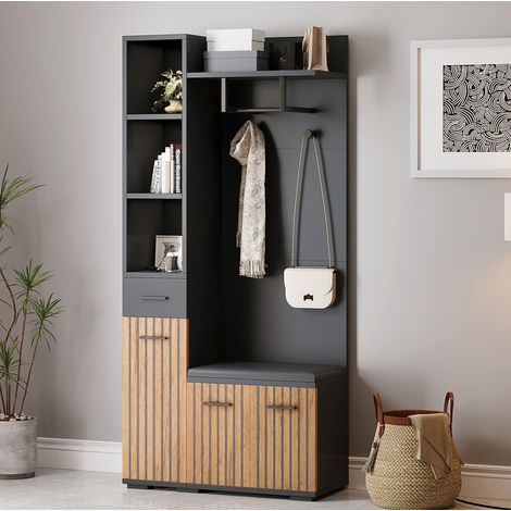 MODFU – Guardaroba ingresso 80x35x175 cm in pannelli con panca, 2 armadi, cassetto, 5 nicchie, portata 80 kg e 2 colli – Nero e legno naturale (1/5)