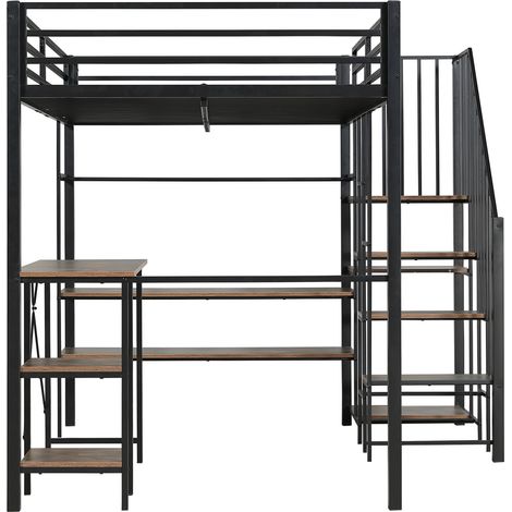 Letto a soppalco in metallo nero 120 x 200 cm con scrivania, scaffali e guardaroba aperto (1/5)
