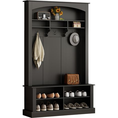 Garderobe mit Sitzbank und Schuhregal, 3 Haken, verstellbare Einlegeböden, Moderner Stil, aus Spanplatte, 120×40×190 cm, Schwarz (1/5)