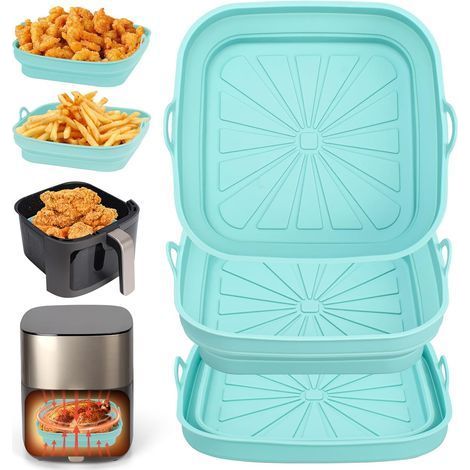 Moule Silicone Air Fryer, 3 Pièces Moule Panier Friteuse à Air Chaud Réutilisable Airfryer Plat Carré Pliable blure Liners pour Friteuse Air, Micro-ondes, Four (Bleu) (1/5)