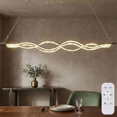 Lampe à suspension design incurvé, cristaux de verre chromés, télécommande dimmable, CCT, 1x LED 30W 2945Lm blanc chaud/froid, LxPxH 95x7x110 cm (1/5)
