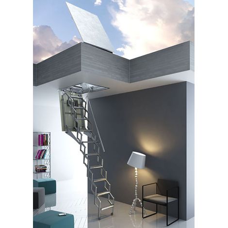 Elektrische Scherentreppe für den Zugang zu Terrasse, Deckenöffnung 70x120cm, Bodentreppe mit Fernbedienung, einsetzbar für Raumhöhen 2.60m bis 3.00m - FGM/70120/T