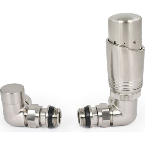 West Delta Corner TRV Thermostatic Radiator Valve and Lockshield - Satin Nickel (1/5)