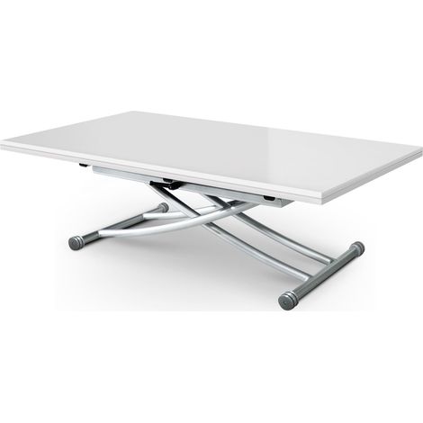 Cotecosy – Table basse relevable Carrera XL – Blanc laqué – Dimensions 75x120cm repliée, 150x120cm ouverte – Hauteur 39/76,3cm – Mécanisme d'extension facile (1/2)