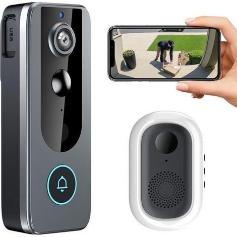 Sonnette Vidéo WiFi M20, Caméra HD 1080p avec Vision Nocturne, Audio Bidirectionnel, Détection de Mouvement, Batterie Rechargeable, Compatible Tuya Smart, Noir et Gris, Installation Murale (1/5)