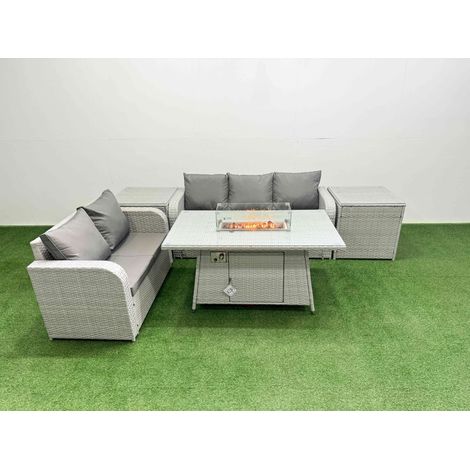 Fimous 5 Seater PE Rattan Wicker Garden Furniture Patio Conservatory Sofa Set with Firepit Dining Table 3 Seater Sofa Love Sofa 2 Side Table (1/4)