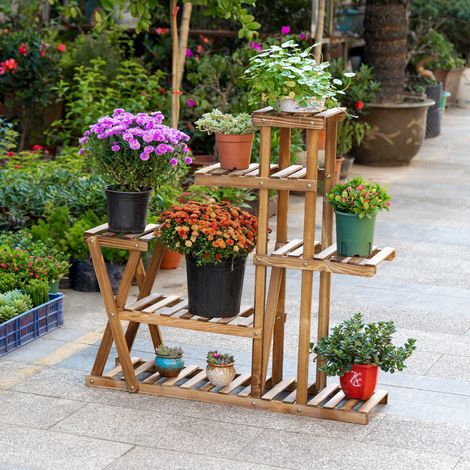 Outsunny Étagère à Fleurs en Bois Supports de Pots Porte Plante Bois 6 tablettes - dim. 98L x 28l x 95H cm - Bois de Sapin traité carbonisation pour Intérieur Jardin Terrasse Balcon