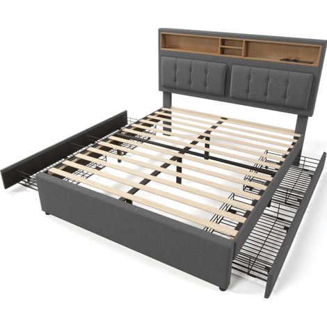 Cama doble tapizada 140x200 cm gris con 4 cajones, USB-C y cabecero ajustable (1/5)