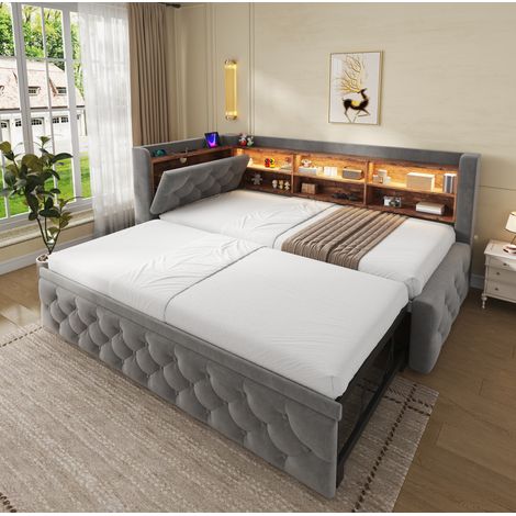 Divano letto estraibile 90x190 cm con bracciolo contenitore, testiera con mensola LED USB e Type C, velluto grigio scuro (1/5)