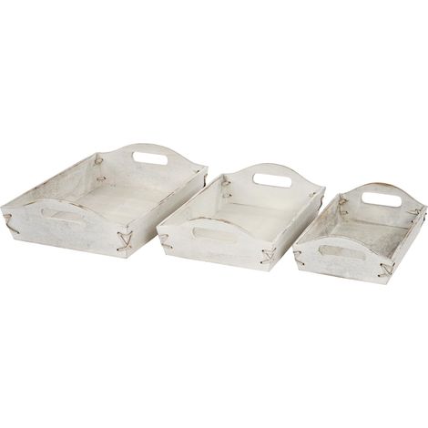 Set de 3 Bandeja HHG-805, bandeja de servir bandeja de madera bandeja de desayuno bandeja decorativa, aspecto shabby vintage, blanco, shabby (1/5)