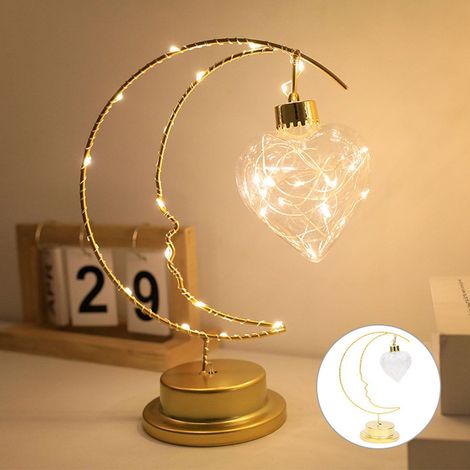 Lampe De Table - Lampe Lune En Fer Forgé Avec Cadre Enroulé - Éclairage Ambiance Chambre À Coucher Bureau - Alimentation USB Ou Piles - 16,5 X 10 X 25,5 Cm - 1 Pièce (1/5)