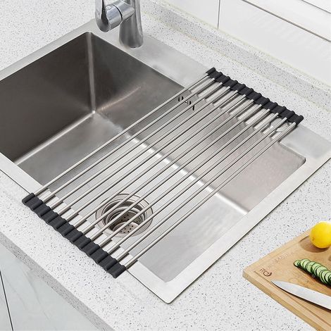 Egouttoir Vaisselle sur Evier,Egoutoire Cuisine Pliable et Amovible au-Dessus de l'évier,Matériau en Acier Inoxydable - Pour Tasses,Fruits,Légumes,Super Organiseur (Noir 43 x 23)'Parent'-'-