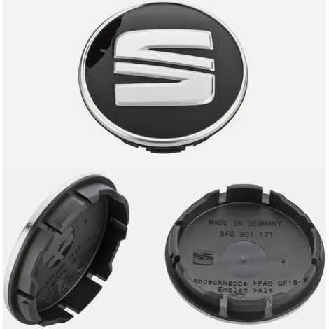 Enjoliveurs centraux de roue noirs/argentés. 54 mm. lot de 4. compatibles avec Arosa Ibiza. Leon. Altea. Exeo et Cordoba. (1/3)