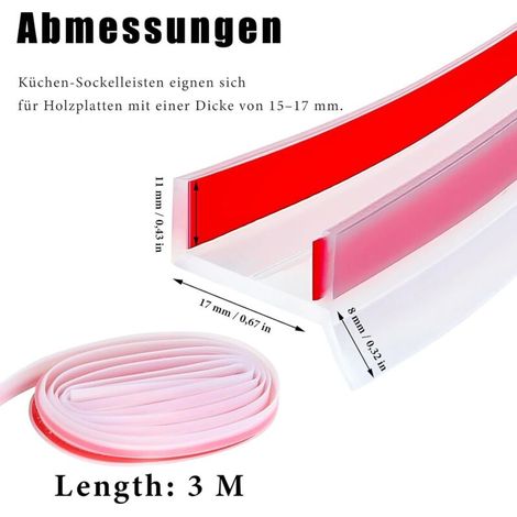 Joint Plinthe Cuisine Profil D'étanchéité, 3 Mètres Joint pour Plinthe Cuisine Transparente, Profil D'étanchéité pour Socle, pour Épaisseur de Bois de 15mm, 16mm, 17 mm, pour Salle de Bain