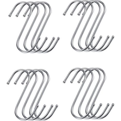 Crochet en S en acier inoxydable pour suspendre tasses, vêtements, casseroles et poêles, 16 pièces (argent, grand)