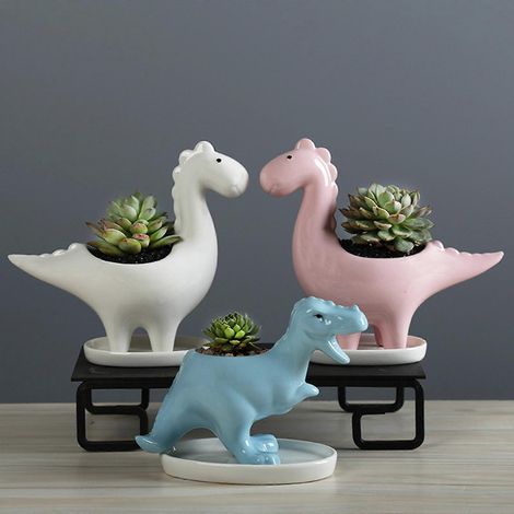 Pot de fleurs en forme de dinosaure mignon avec soucoupe de drainage, en céramique, pour cactus et bonsaï. (1/4)