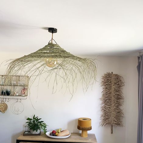 Abat-jour ajouré en paille naturelle 60 cm – Forme parasol – Résistant à l'eau pour intérieur et extérieur – Décoration ethnique chic