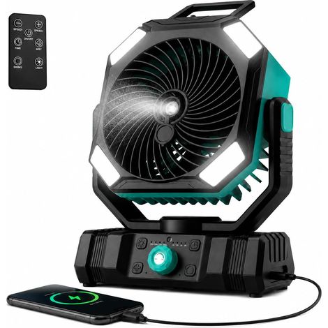 Ventilateur humidificateur portable, ventilateur de camping rechargeable 20000mAh, réservoir de 300ml, double brumisation, télécommande 5m, minuterie, LED USB, idéal pour tente, bureau et camping-car