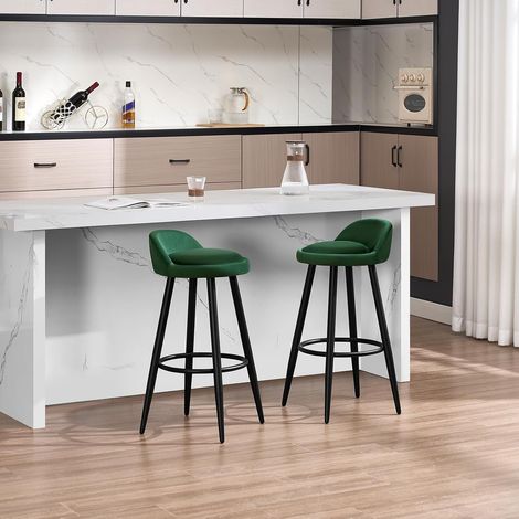 WOLTU 2x Taburete de Bar, Silla de Cocina, Respaldo Alto con Reposapiés, Terciopelo y Metal, Verde Oscuro