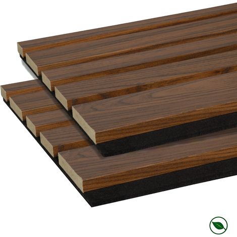 Forestea – Lot de 2 panneaux acoustiques MDF décoratifs 2600 x 300 x 17 mm – Amélioration acoustique – Finition noyer naturel sur fond noir – 1,56 m² PEFC 70%