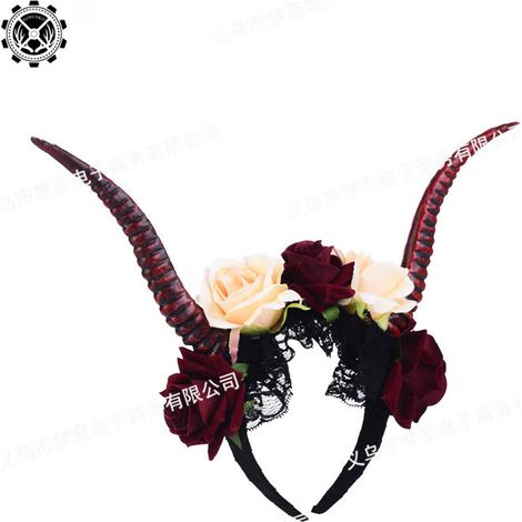 Steampunk-Haarreif mit Antilopenhornspitze und Rosenmotiv, Cosplay-Accessoires für Halloween, Gothic-Make-up (1/5)