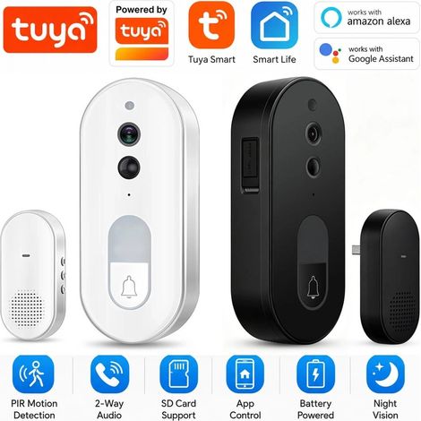 Tuya Campanello Smart WiFi con Videocamera, Batteria e Suoneria Interna USB Nero (1/5)