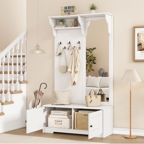Schuhschrank mit Spiegel, 5 Haken, 2 Schränke und Ablage, weiß HAVRYA (1/5)