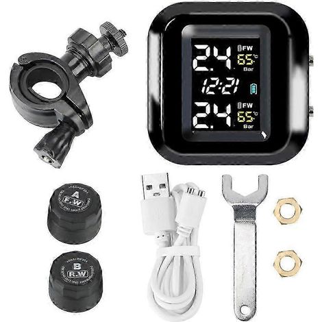 Sistema de monitoreo de presión de neumáticos TPMS para motocicleta con 2 sensores externos, cargador USB, kit de alarma de temperatura de neumáticos y accesorios universales para motocicletas y bicic (1/5)