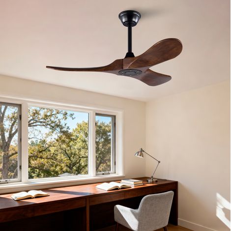 Ventilador de techo 42 pulgadas, 3 aspas de madera negra y nogal, mando, salón FloraGrace (1/5)