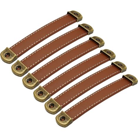 Ledergriffe, Lederschubladengriffe, 128 mm Lochabstand, 6er-Pack (hellbraun)