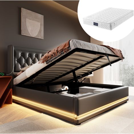 Lit double rembourré 140x200 cm, PU noir, tête de lit USB et LED, coffre relevable (1/5)