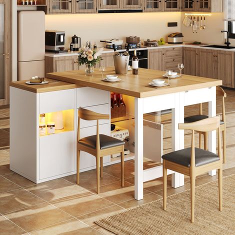 Îlot de cuisine pivotant 120-197x40x73cm - led rgb 4 tiroirs portes vitrées - mdf - blanc (1/5)